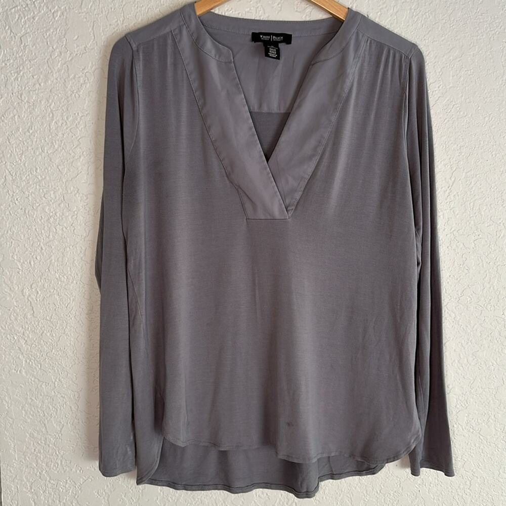 WHBM Gray Blouse V Neck Medium Long Sleeve Minimalist Rayon Office Capsule